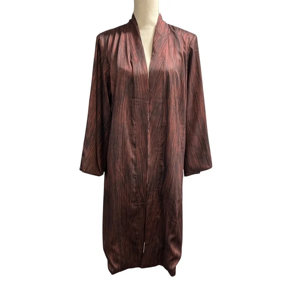 Chicos Cardigan Duster Brown Reversible Size 2 M Floral Animal Print Satin‎ Chic